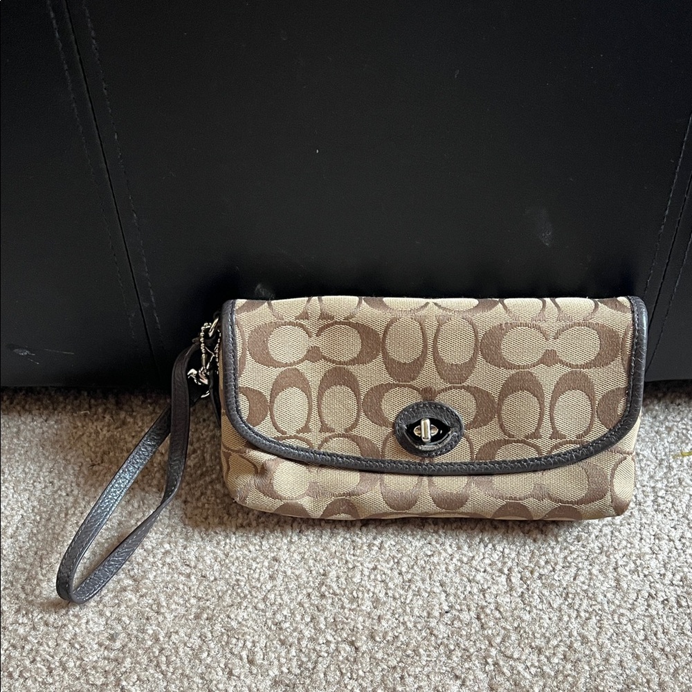 Coach Signature Tan and Black Wristlet